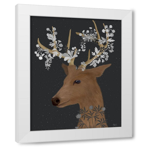 Deer, White Flowers White Modern Wood Framed Art Print by Fab Funky