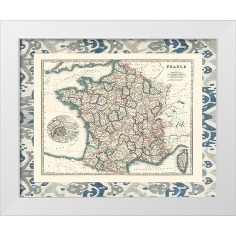 Bordered Map of France White Modern Wood Framed Art Print by Johnston
