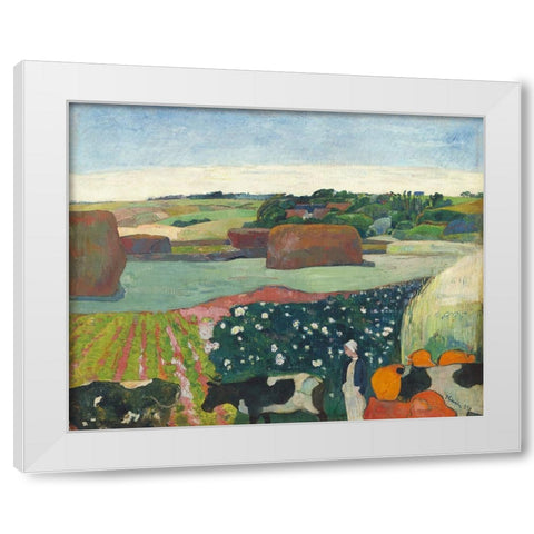 Haystacks in Brittany White Modern Wood Framed Art Print by Gauguin, Paul