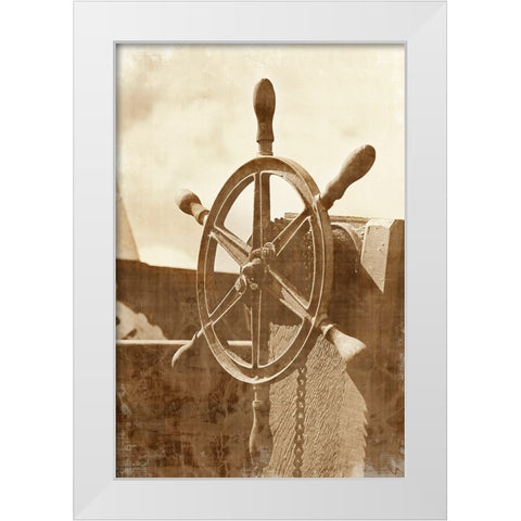 Sepia Ships Wheel I White Modern Wood Framed Art Print by Vision Studio