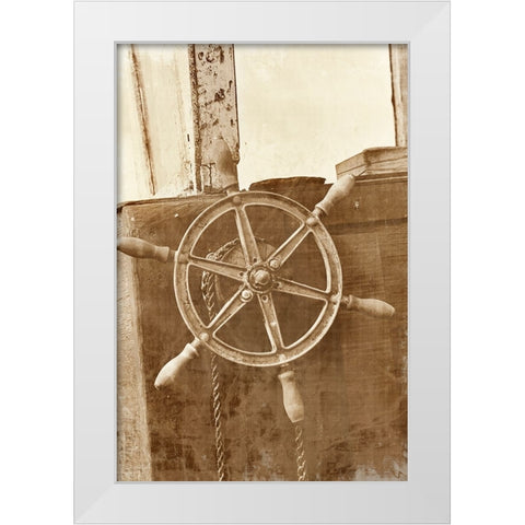 Sepia Ships Wheel II White Modern Wood Framed Art Print by Vision Studio