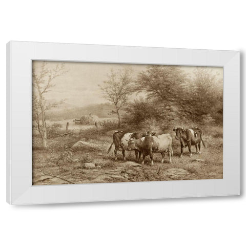 Grazing Cattle White Modern Wood Framed Art Print by Riecke, George