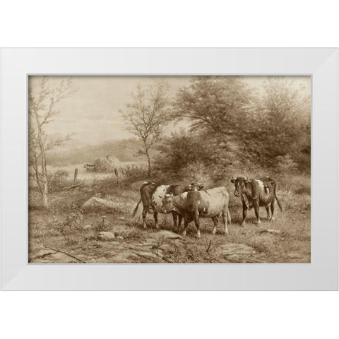 Grazing Cattle White Modern Wood Framed Art Print by Riecke, George