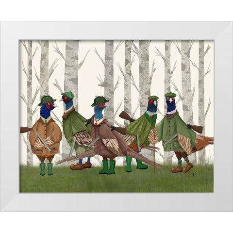 Pheasant Shooting Party Group 3 White Modern Wood Framed Art Print by Fab Funky