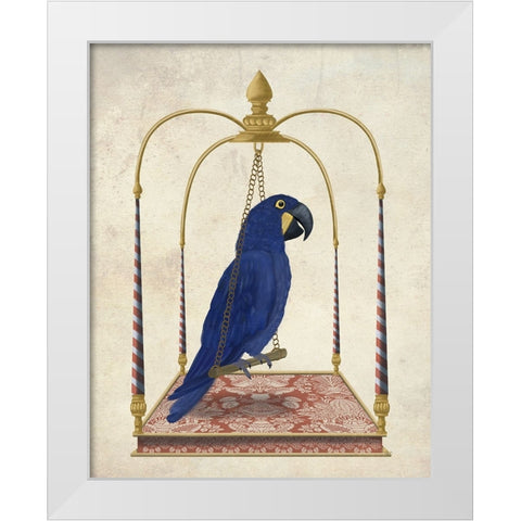 Blue Parrot on Swing White Modern Wood Framed Art Print by Fab Funky