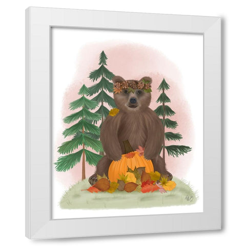 Autumn Bear and Pumpkin White Modern Wood Framed Art Print by Fab Funky