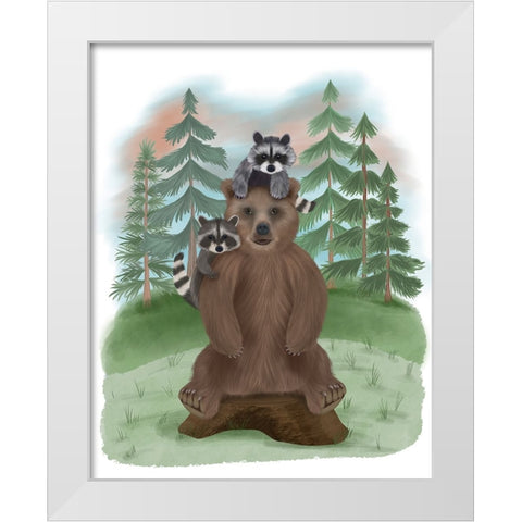 Bear and Raccoon Friends White Modern Wood Framed Art Print by Fab Funky