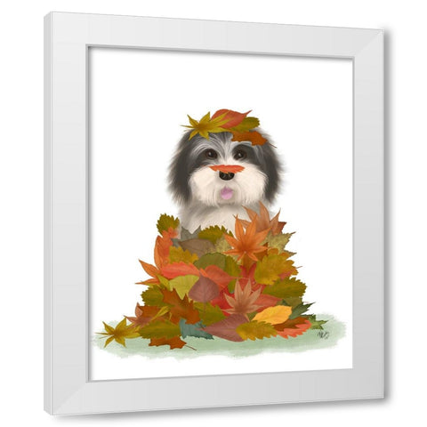 Landed in Autumn-Black and White Dog White Modern Wood Framed Art Print by Fab Funky