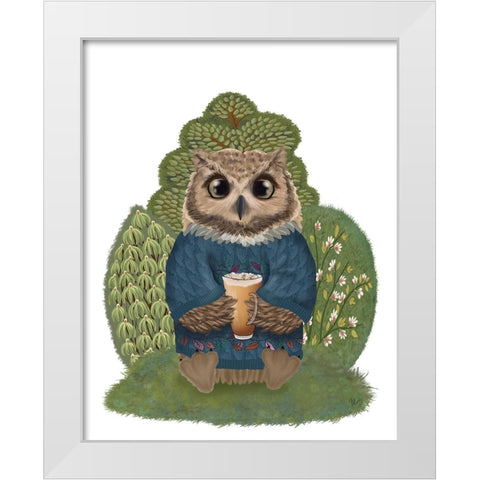 Latte Owl in Sweater White Modern Wood Framed Art Print by Fab Funky