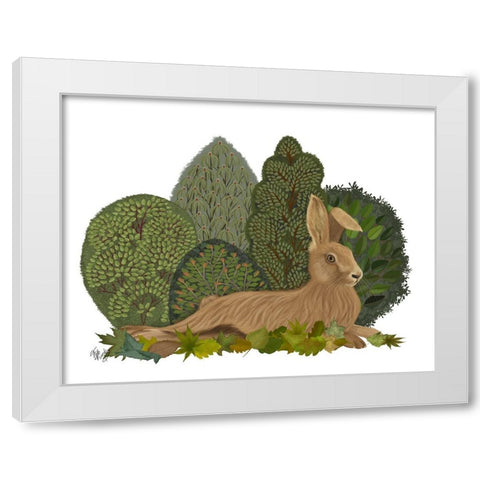 Hare Reclining in Leaves White Modern Wood Framed Art Print by Fab Funky