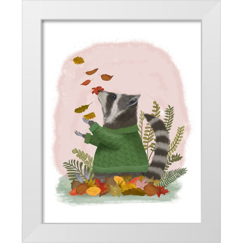 Raccoon Catching Leaves White Modern Wood Framed Art Print by Fab Funky