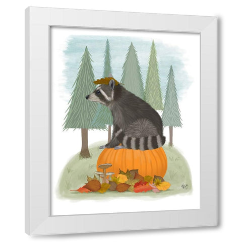 Raccoon On Pumpkin White Modern Wood Framed Art Print by Fab Funky