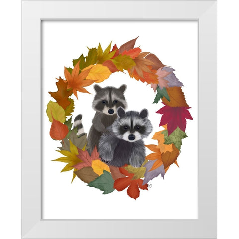 Raccoons Autumn Leaf Wreath White Modern Wood Framed Art Print by Fab Funky