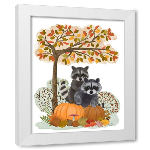 Raccoons On Pumpkins Under Tree White Modern Wood Framed Art Print by Fab Funky
