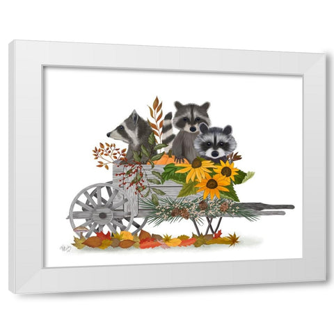 Raccoon Wheelbarrow White Modern Wood Framed Art Print by Fab Funky