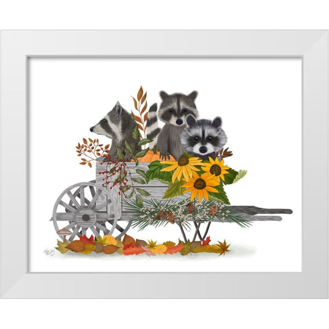 Raccoon Wheelbarrow White Modern Wood Framed Art Print by Fab Funky