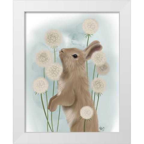 Rabbit In Dandylions White Modern Wood Framed Art Print by Fab Funky