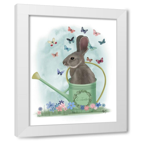 Bunny Watering Can and Butterflies White Modern Wood Framed Art Print by Fab Funky