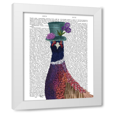 Pheasant in Blue Hat White Modern Wood Framed Art Print by Fab Funky