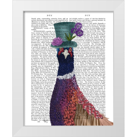 Pheasant in Blue Hat White Modern Wood Framed Art Print by Fab Funky