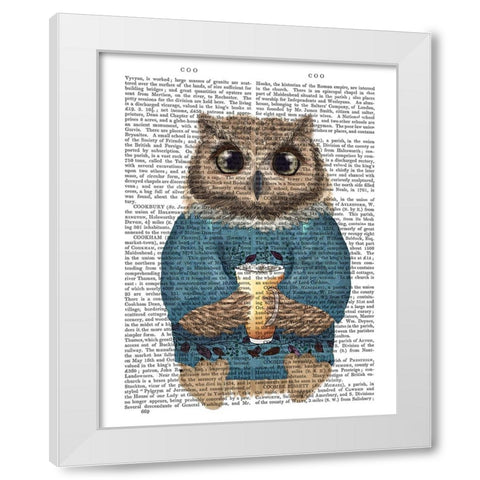 Latte Owl in Sweater White Modern Wood Framed Art Print by Fab Funky