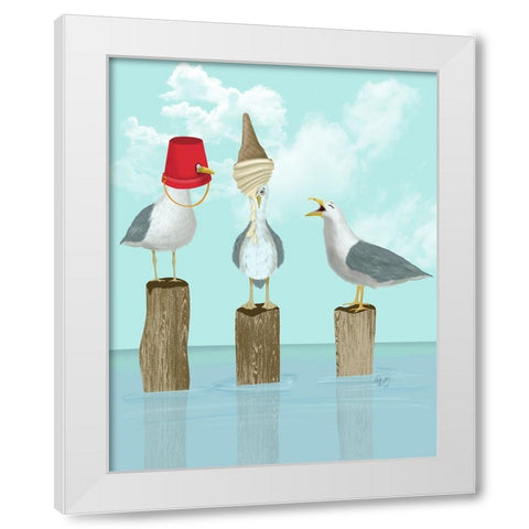 Silly Seagulls White Modern Wood Framed Art Print by Fab Funky