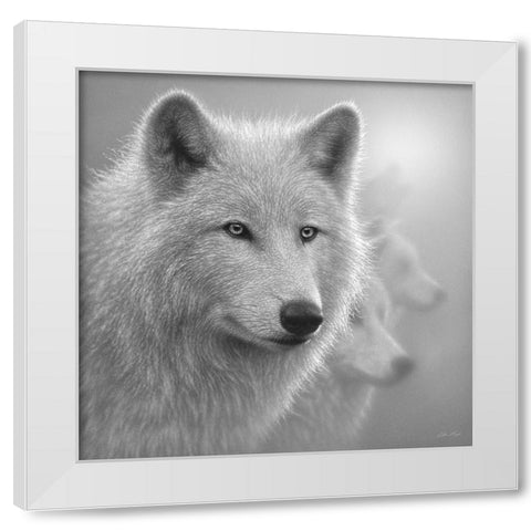 Arctic Wolves - Whiteout - BandW White Modern Wood Framed Art Print by Bogle, Collin