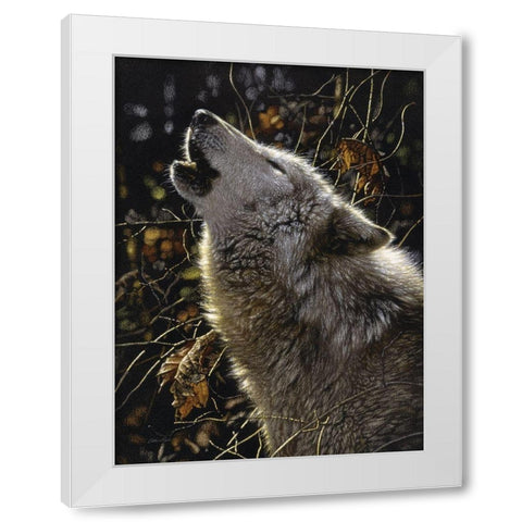 Howling Wolf - Songs of Autumn White Modern Wood Framed Art Print by Bogle, Collin