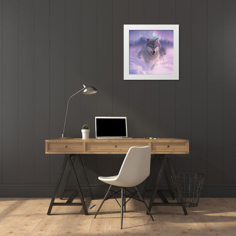 Running Wolves - Northern Lights - Square White Modern Wood Framed Art Print by Bogle, Collin