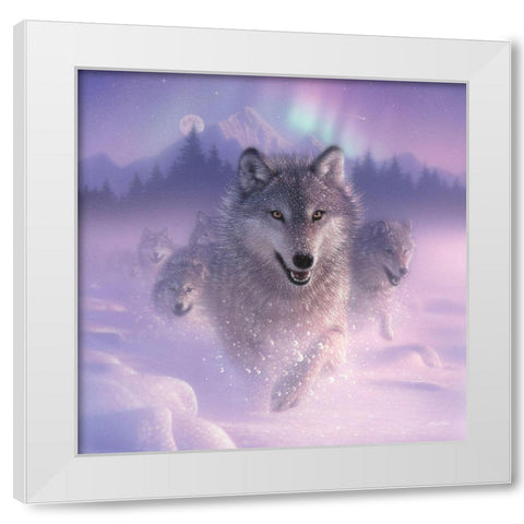 Running Wolves - Northern Lights - Square White Modern Wood Framed Art Print by Bogle, Collin