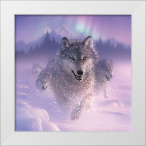 Running Wolves - Northern Lights - Square White Modern Wood Framed Art Print by Bogle, Collin