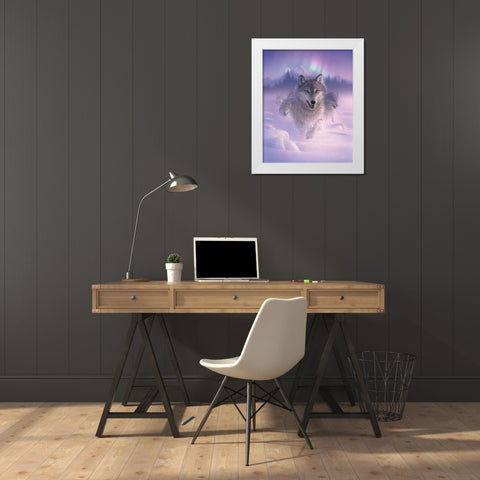 Running Wolves - Northern Lights White Modern Wood Framed Art Print by Bogle, Collin