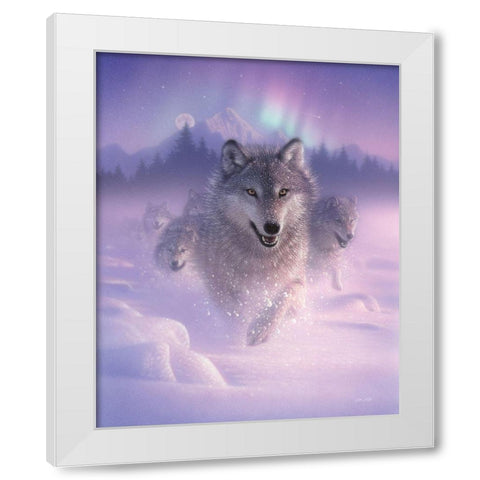 Running Wolves - Northern Lights White Modern Wood Framed Art Print by Bogle, Collin