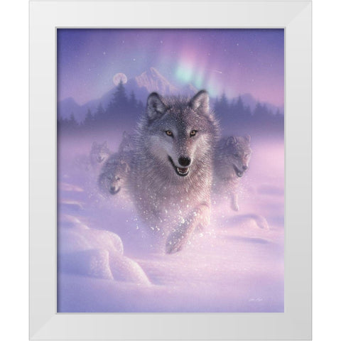 Running Wolves - Northern Lights White Modern Wood Framed Art Print by Bogle, Collin