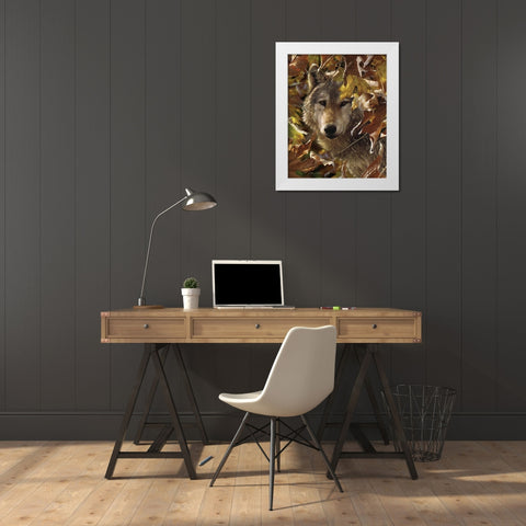 Wolf - Autumn Shadows White Modern Wood Framed Art Print by Bogle, Collin