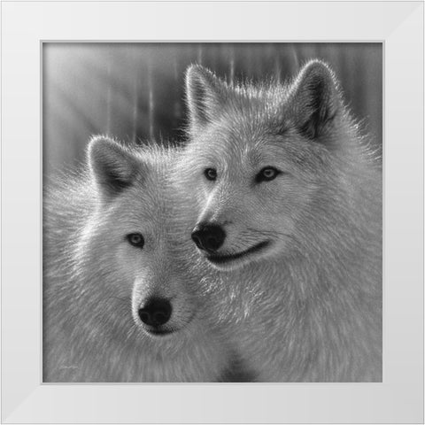 Wolves - Sunlit Soulmates - BandW White Modern Wood Framed Art Print by Bogle, Collin