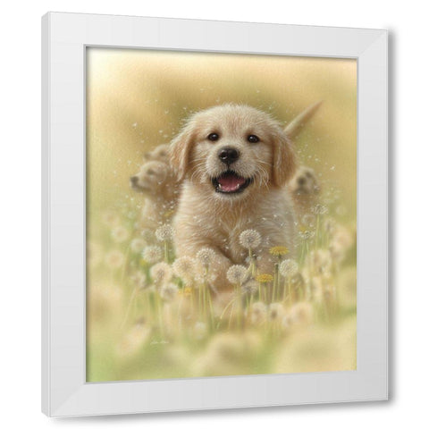 Golden Retriever Puppy - Dandelions White Modern Wood Framed Art Print by Bogle, Collin