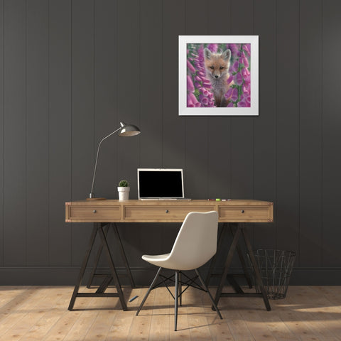 Red Fox - Foxgloves - Square White Modern Wood Framed Art Print by Bogle, Collin