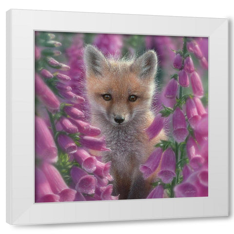 Red Fox - Foxgloves - Square White Modern Wood Framed Art Print by Bogle, Collin