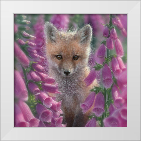 Red Fox - Foxgloves - Square White Modern Wood Framed Art Print by Bogle, Collin