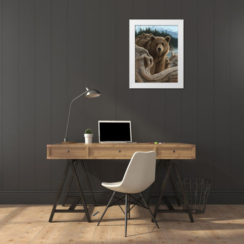 Brown Bears - Backpacking White Modern Wood Framed Art Print by Bogle, Collin