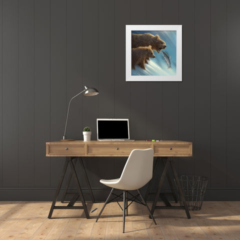 Brown Bears - Fishing Lesson White Modern Wood Framed Art Print by Bogle, Collin
