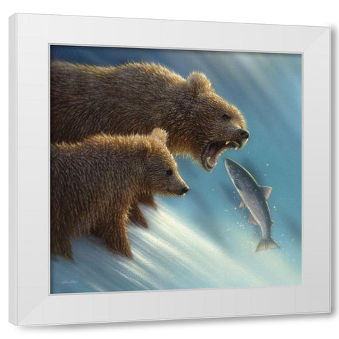 Brown Bears - Fishing Lesson White Modern Wood Framed Art Print by Bogle, Collin