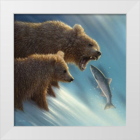 Brown Bears - Fishing Lesson White Modern Wood Framed Art Print by Bogle, Collin