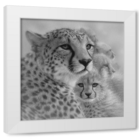 Cheetah Mother and Cubs - Mothers Love - Square - BandW White Modern Wood Framed Art Print by Bogle, Collin