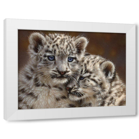 Snow Leopard Cubs - Playmates - Horizontal White Modern Wood Framed Art Print by Bogle, Collin