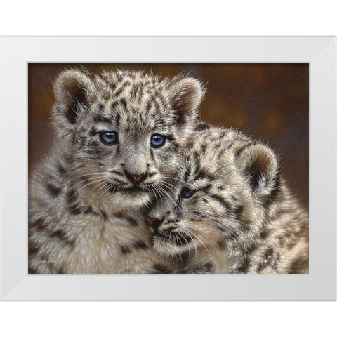 Snow Leopard Cubs - Playmates - Horizontal White Modern Wood Framed Art Print by Bogle, Collin