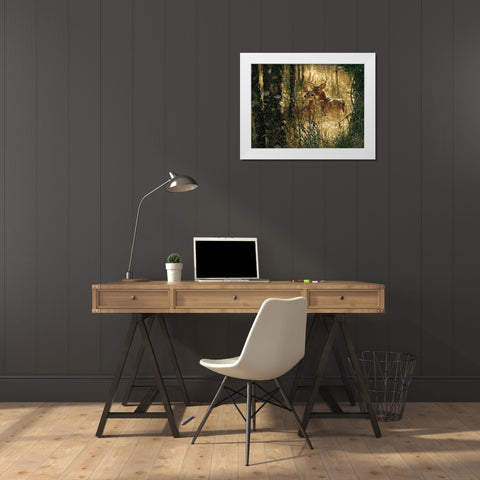 Whitetail Deer - A Golden Moment - Horizontal White Modern Wood Framed Art Print by Bogle, Collin