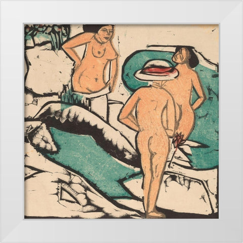 Women Bathing between White Stones White Modern Wood Framed Art Print by Kirchner, Ernst Ludwig