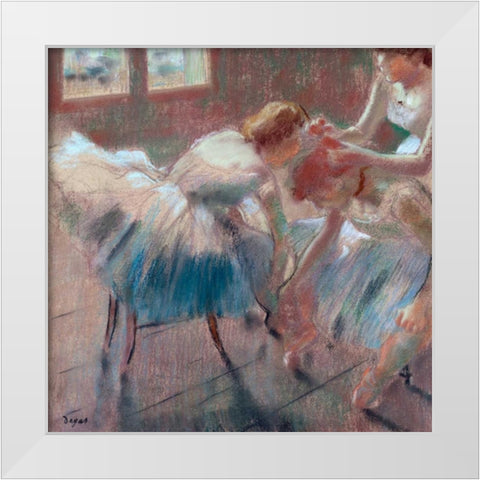 Three Dancers preparing for Class White Modern Wood Framed Art Print by Degas, Edgar